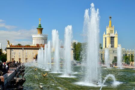 MOSCOW, RUSSIA - AUGUST 12, 2019: Fountain Stone Flower at VDNKh in Moscow. VDNKh, All Russian Exhibition Center, Exhibition of Achievements of National Economy, is a permanent general purpose trade show in Moscow, Russiaのeditorial素材