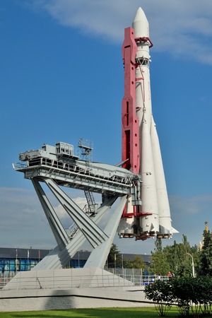 Moscow, Russia - august 12, 2019: Vostok rocket and launcher at the Exhibition of achievements of...