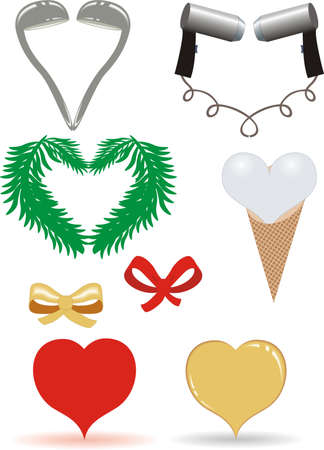 hearts from fir branches, ladles, hairdryers, gold and red bows のイラスト素材