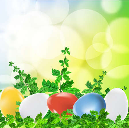 Colored easter eggs on green background with grassのイラスト素材