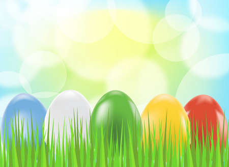 Colored easter eggs on green background with grassのイラスト素材