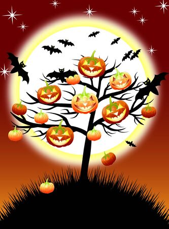 Halloween pumpkins tree on night background with a moonのイラスト素材