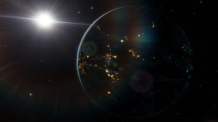 science fiction wallpaper, cosmic landscape, realistic exoplanet, beautiful alien planet in far space, detailed planet surface 3d renderの写真素材