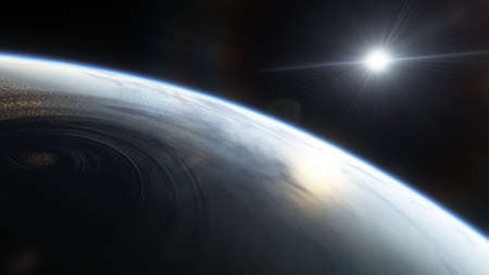 science fiction wallpaper, cosmic landscape, realistic exoplanet, beautiful alien planet in far...
