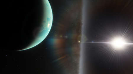 science fiction wallpaper, cosmic landscape, realistic exoplanet, beautiful alien planet in far...