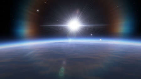 beautiful view from an exoplanet, a view from an alien planet, a computer-generated surface, a...