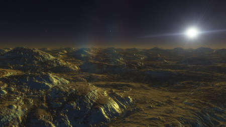 alien Planet, fantasy landscape, view from the surface of an exo-planet, science fiction landscape,...