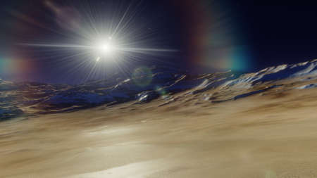 Beautiful alien landscape, panorama of the surface of a fantasy planet, unknown world in space. 3D...