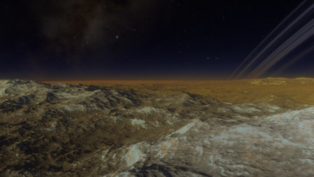 beautiful view from an exoplanet, a view from an alien planet, a computer-generated surface, a fantastic view of an unknown world, a fantasy world 3D renderの写真素材