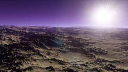 beautiful view from an exoplanet, a view from an alien planet, a computer-generated surface, a fantastic view of an unknown world, a fantasy world 3D renderの写真素材