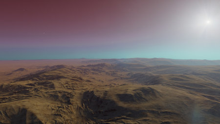 beautiful view from an exoplanet, a view from an alien planet, a computer-generated surface, a fantastic view of an unknown world, a fantasy world 3D renderの写真素材