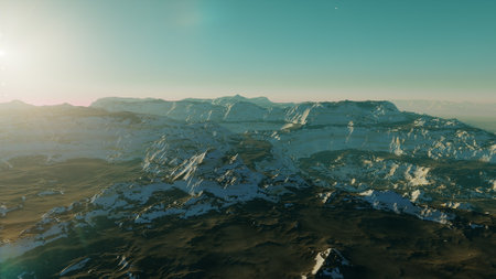 beautiful view from an exoplanet, a view from an alien planet, a computer-generated surface, a fantastic view of an unknown world, a fantasy world 3D renderの写真素材