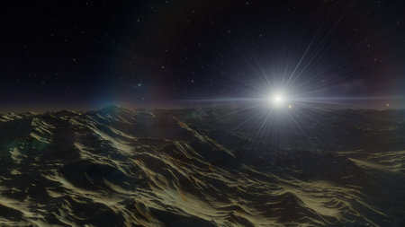 beautiful view from an exoplanet, a view from an alien planet, a computer-generated surface, a fantastic view of an unknown world, a fantasy world 3D renderの写真素材