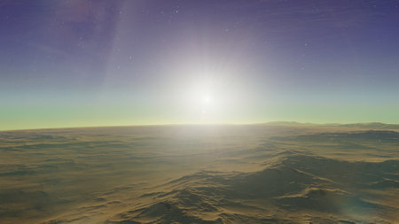 beautiful view from an exoplanet, a view from an alien planet, a computer-generated surface, a fantastic view of an unknown world, a fantasy world 3D renderの写真素材