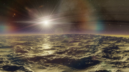 beautiful view from an exoplanet, a view from an alien planet, a computer-generated surface, a fantastic view of an unknown world, a fantasy world 3D renderの写真素材