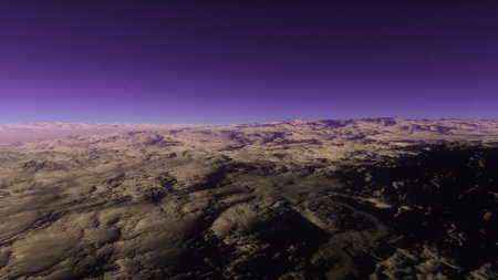 beautiful view from an exoplanet, a view from an alien planet, a computer-generated surface, a fantastic view of an unknown world, a fantasy world 3D renderの写真素材