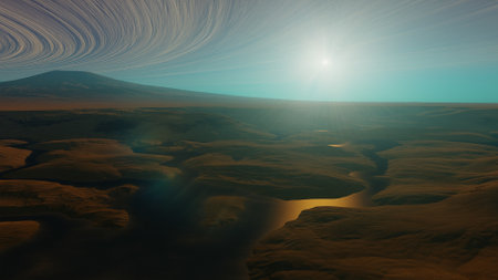 beautiful view from an exoplanet, a view from an alien planet, a computer-generated surface, a fantastic view of an unknown world, a fantasy world 3D renderの写真素材