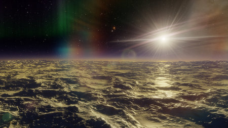 alien planet landscape, science fiction illustration, view from a beautiful planet, beautiful space background 3d renderの写真素材