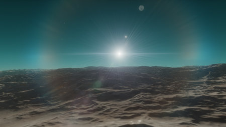 beautiful view from an exoplanet, a view from an alien planet, a computer-generated surface, a fantastic view of an unknown world, a fantasy world 3D renderの写真素材