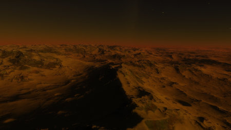 beautiful view from an exoplanet, a view from an alien planet, a computer-generated surface, a fantastic view of an unknown world, a fantasy world 3D renderの写真素材