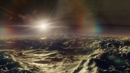 alien planet landscape, science fiction illustration, view from a beautiful planet, beautiful space...