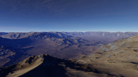 beautiful view from an exoplanet, a view from an alien planet, a computer-generated surface, a fantastic view of an unknown world, a fantasy world 3D renderの写真素材