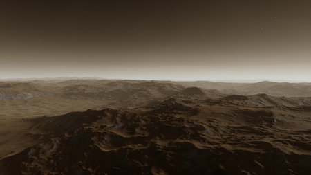 beautiful view from an exoplanet, a view from an alien planet, a computer-generated surface, a fantastic view of an unknown world, a fantasy world 3D renderの写真素材