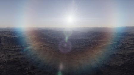 beautiful view from an exoplanet, a view from an alien planet, a computer-generated surface, a fantastic view of an unknown world, a fantasy world 3D renderの写真素材