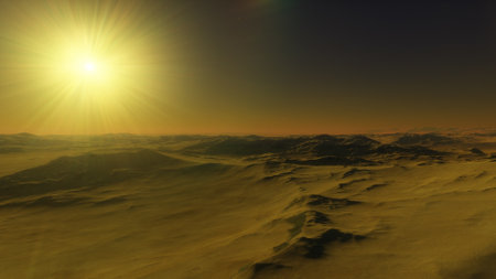 beautiful view from an exoplanet, a view from an alien planet, a computer-generated surface, a fantastic view of an unknown world, a fantasy world 3D renderの写真素材