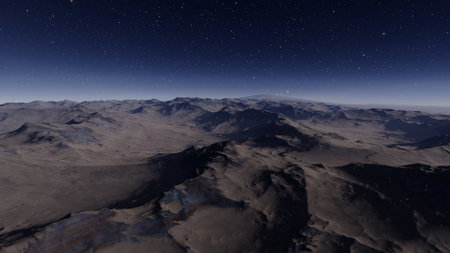 beautiful view from an exoplanet, a view from an alien planet, a computer-generated surface, a fantastic view of an unknown world, a fantasy world 3D renderの写真素材