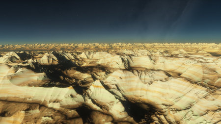 beautiful view from an exoplanet, a view from an alien planet, a computer-generated surface, a fantastic view of an unknown world, a fantasy world 3D renderの写真素材