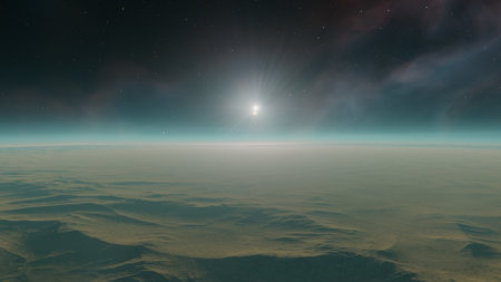 beautiful view from an exoplanet, a view from an alien planet, a computer-generated surface, a fantastic view of an unknown world, a fantasy world 3D renderの写真素材
