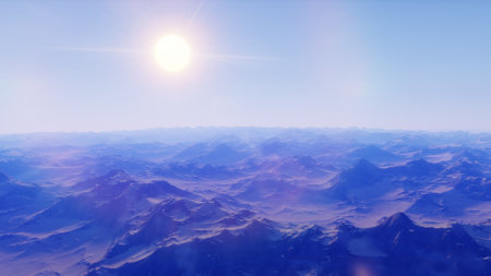 beautiful view from an exoplanet, a view from an alien planet, a computer-generated surface, a fantastic view of an unknown world, a fantasy world 3D renderの写真素材