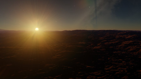 beautiful view from an exoplanet, a view from an alien planet, a computer-generated surface, a fantastic view of an unknown world, a fantasy world 3D renderの写真素材