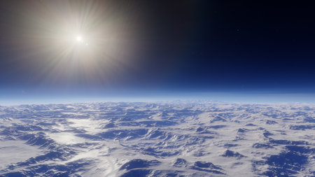 beautiful view from an exoplanet, a view from an alien planet, a computer-generated surface, a fantastic view of an unknown world, a fantasy world 3D renderの写真素材