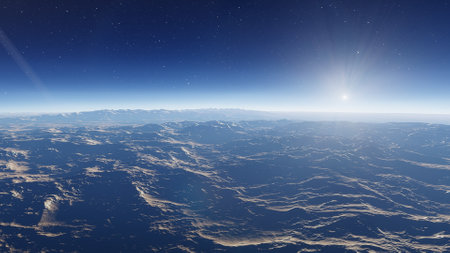 beautiful view from an exoplanet, a view from an alien planet, a computer-generated surface, a fantastic view of an unknown world, a fantasy world 3D renderの写真素材