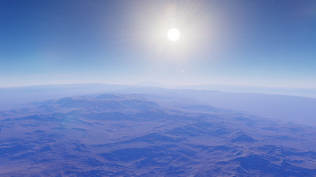 beautiful view from an exoplanet, a view from an alien planet, a computer-generated surface, a fantastic view of an unknown world, a fantasy world 3D renderの写真素材
