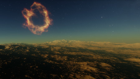 beautiful view from an exoplanet, a view from an alien planet, a computer-generated surface, a fantastic view of an unknown world, a fantasy world 3D renderの写真素材