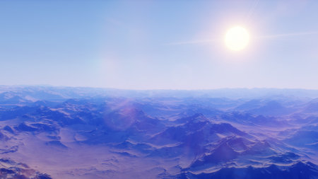 beautiful view from an exoplanet, a view from an alien planet, a computer-generated surface, a fantastic view of an unknown world, a fantasy world 3D renderの写真素材
