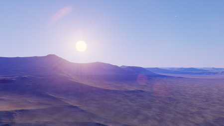 beautiful view from an exoplanet, a view from an alien planet, a computer-generated surface, a fantastic view of an unknown world, a fantasy world 3D renderの写真素材