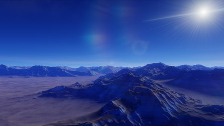beautiful view from an exoplanet, a view from an alien planet, a computer-generated surface, a fantastic view of an unknown world, a fantasy world 3D renderの写真素材