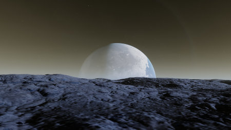 beautiful view from an exoplanet, a view from an alien planet, a computer-generated surface, a...