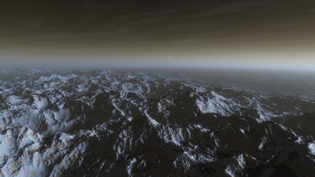 beautiful view from an exoplanet, a view from an alien planet, a computer-generated surface, a fantastic view of an unknown world, a fantasy world 3D renderの写真素材