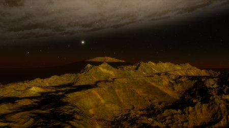 beautiful view from an exoplanet, a view from an alien planet, a computer-generated surface, a fantastic view of an unknown world, a fantasy world 3D renderの写真素材