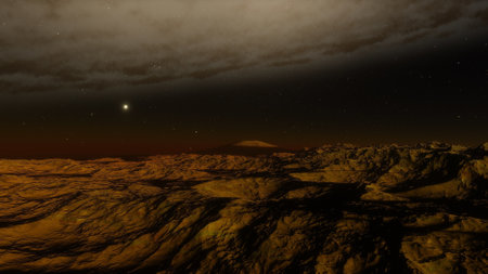 beautiful view from an exoplanet, a view from an alien planet, a computer-generated surface, a fantastic view of an unknown world, a fantasy world 3D renderの写真素材