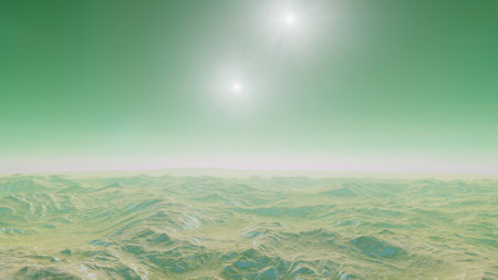 beautiful view from an exoplanet, a view from an alien planet, a computer-generated surface, a fantastic view of an unknown world, a fantasy world 3D renderの写真素材