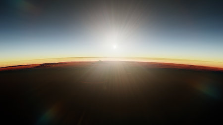 beautiful view from an exoplanet, a view from an alien planet, a computer-generated surface, a fantastic view of an unknown world, a fantasy world 3D renderの写真素材