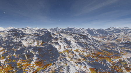 beautiful view from an exoplanet, a view from an alien planet, a computer-generated surface, a fantastic view of an unknown world, a fantasy world 3D renderの写真素材