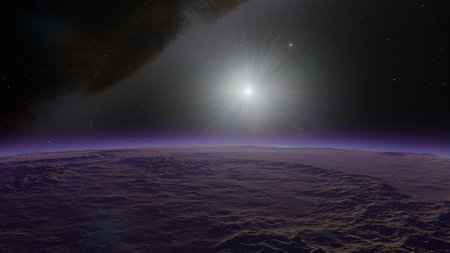 beautiful view from an exoplanet, a view from an alien planet, a computer-generated surface, a fantastic view of an unknown world, a fantasy world 3D renderの写真素材