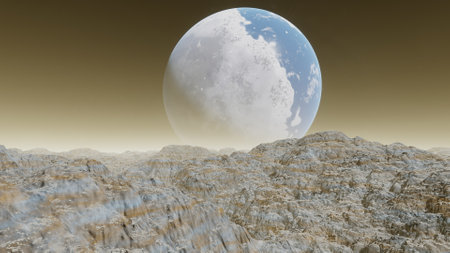 beautiful view from an exoplanet, a view from an alien planet, a computer-generated surface, a fantastic view of an unknown world, a fantasy world 3D renderの写真素材